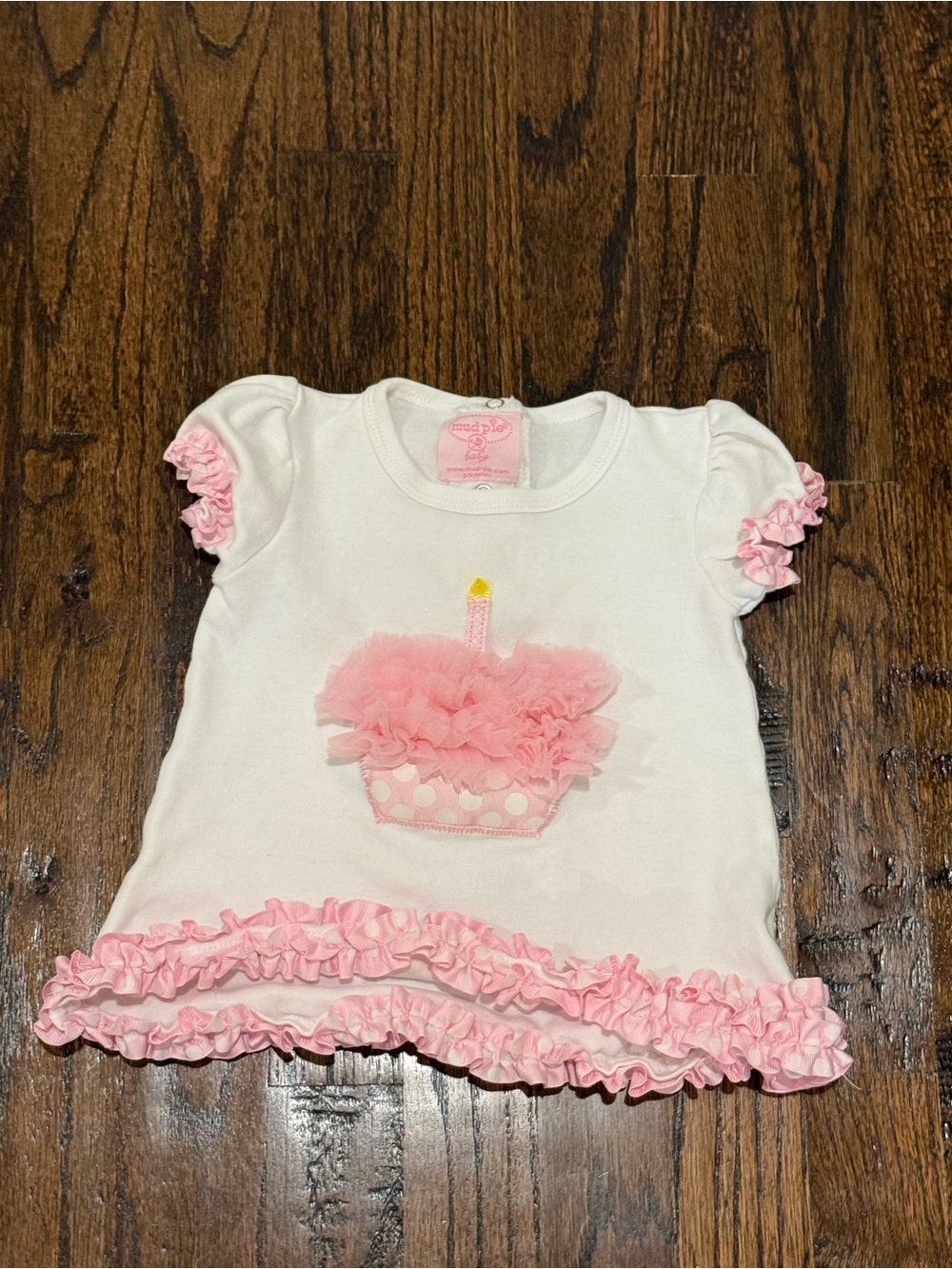 Baby Girl Mud Pie White Pink Ruffle Top 1st Birthday Cupcake 12/18 Months